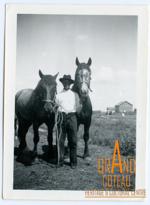 Photographic Print, man and 2 horses