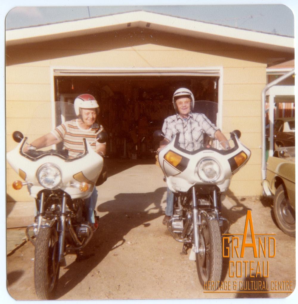 Photographic Print, Joe Richtik? and unknown woman on motorbikes