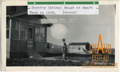 Photograph, Dorothy Akins (Baugh) at Hanft farm in 1928