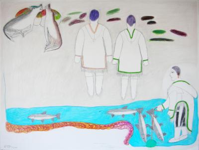 Woman Fishing with Men and Wolves