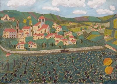 Untitled (view of a European hill town with vineyards)