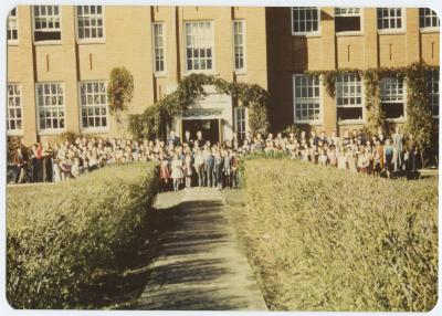 Photo, Baker slide print, students in front of Shaunavon High School