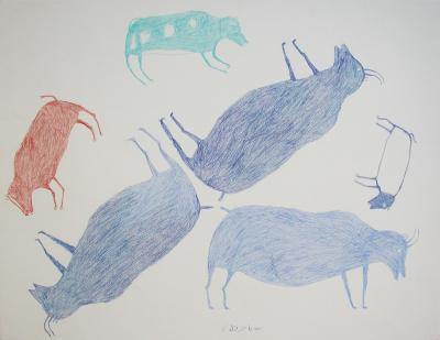 Three Caribou with Wolves