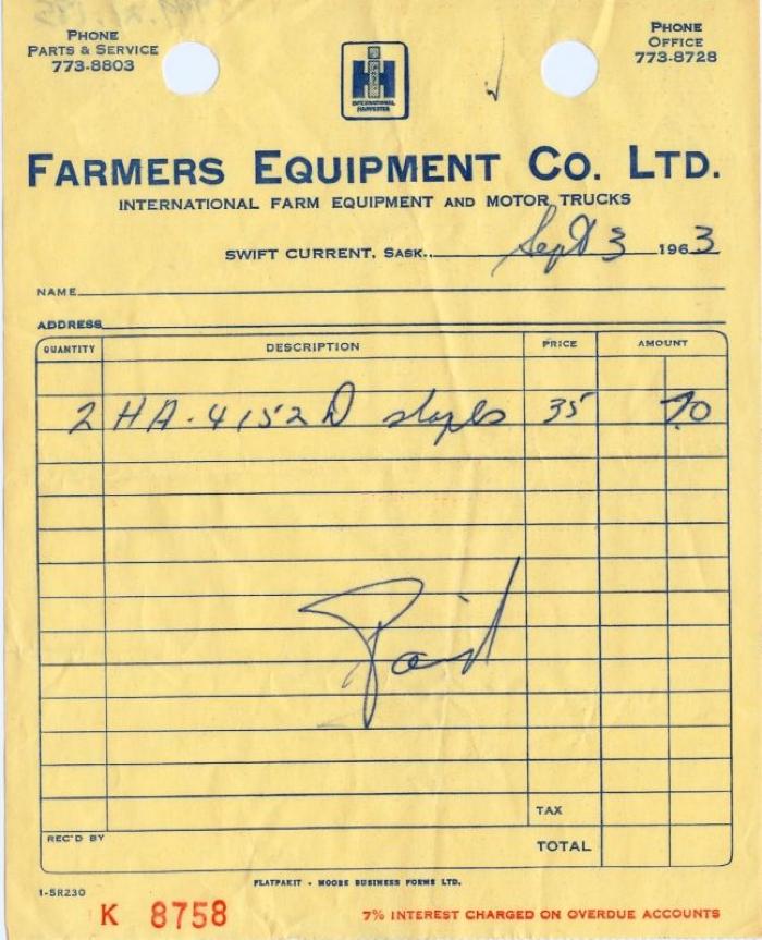 Farmers Equipment Company Limited Receipt (1963-09-03)