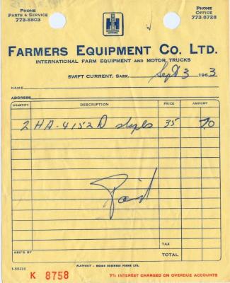 Farmers Equipment Company Limited Receipt (1963-09-03)