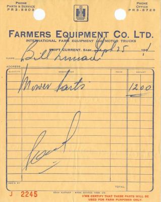 Farmers Equipment Company Limited Receipt (1961-09-25)