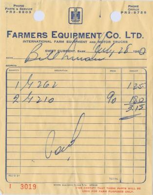 Farmers Equipment Company Limited Receipt (1960-07-28)