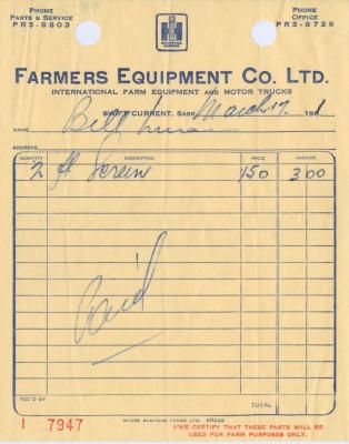 Farmers Equipment Company Limited Receipt (1961-03-17)