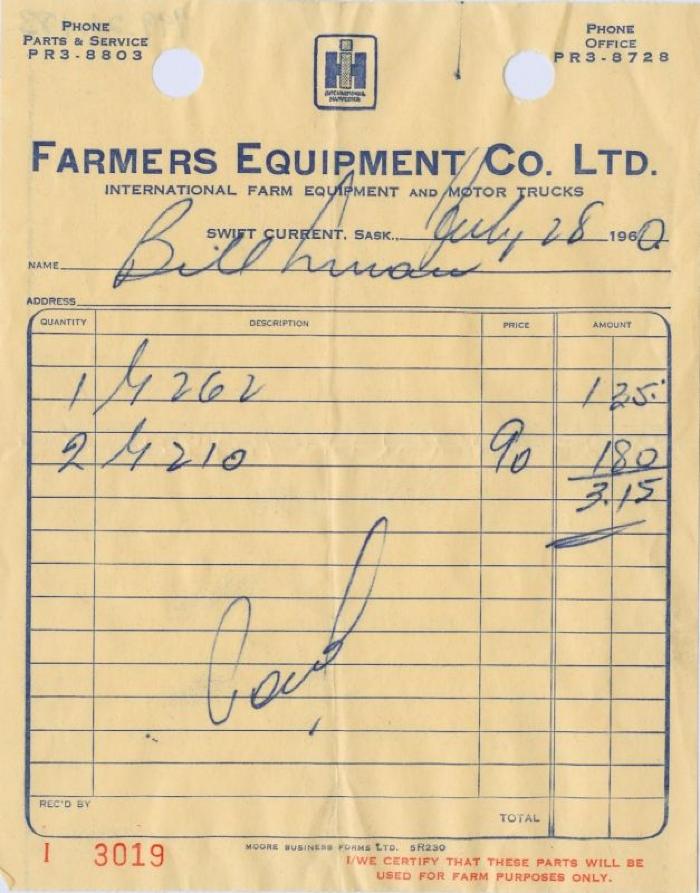 Farmers Equipment Company Limited Receipt (1960-07-28)