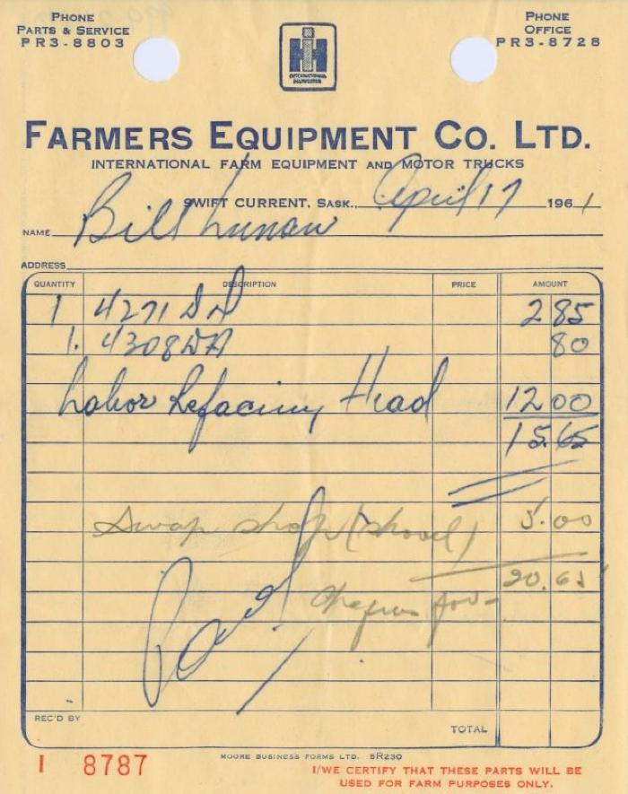 Farmers Equipment Company Limited Receipt (1961-04-17)