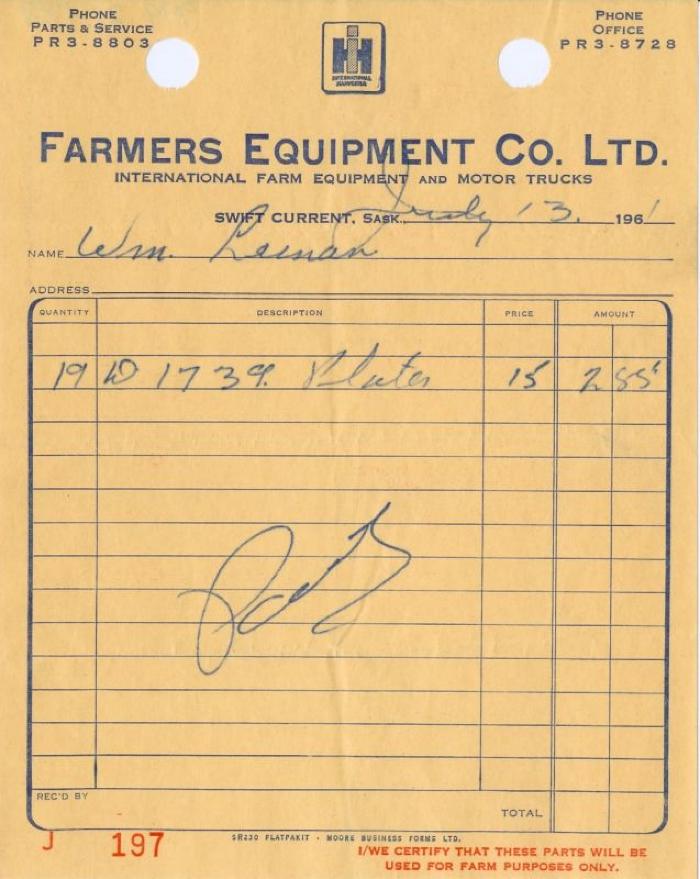 Farmers Equipment Company Limited Receipt (1961-07-13)