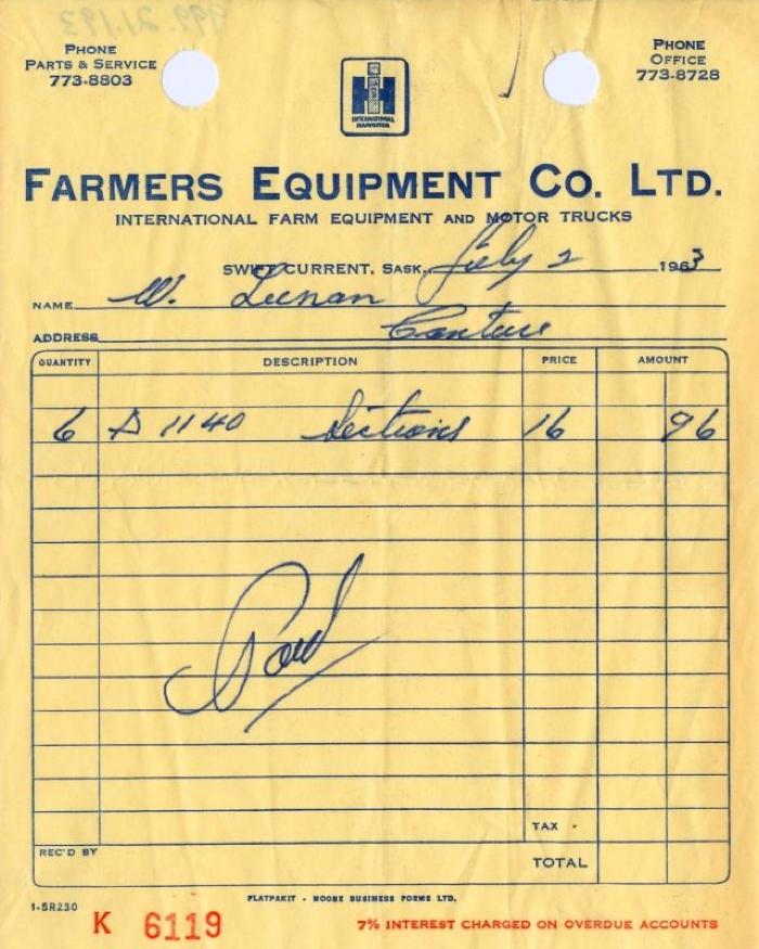 Farmers Equipment Company Limited Receipt (1963-07-02)