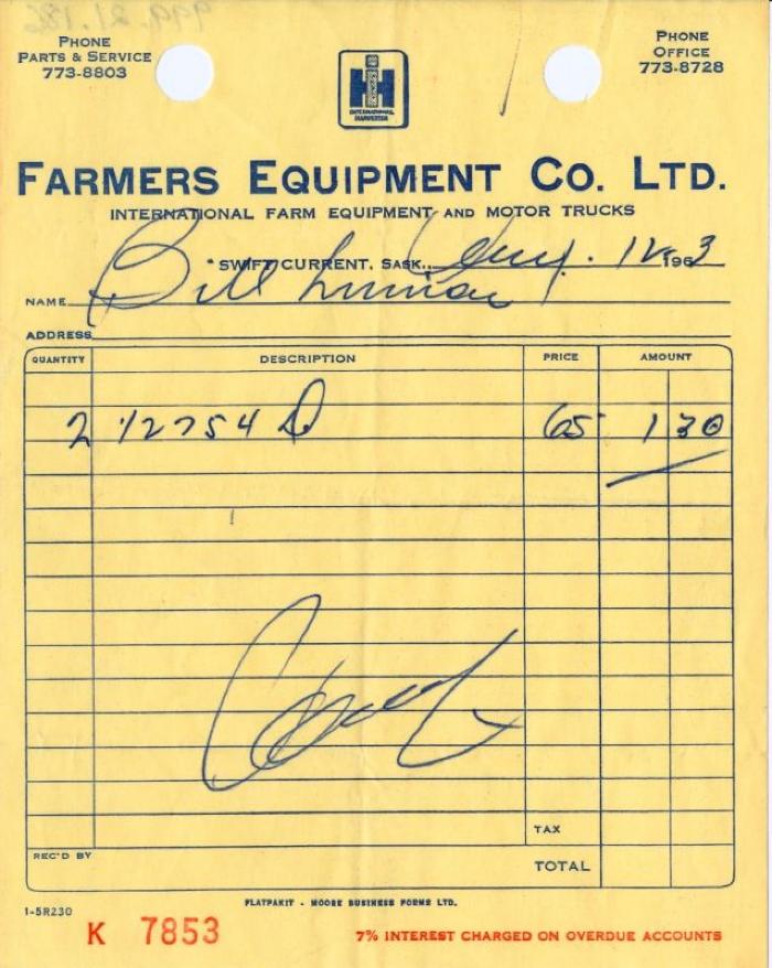 Farmers Equipment Company Limited Receipt (1963-07-12)