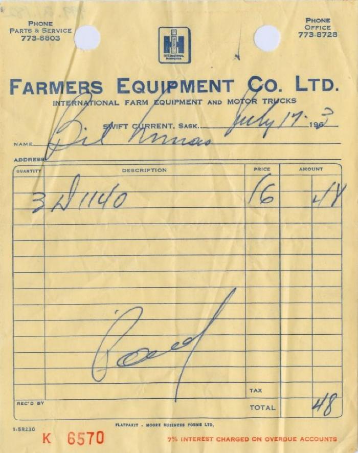 Farmers Equipment Company Limited Receipt (1963-07-17)