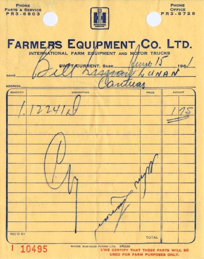 Farmers Equipment Company Limited Receipt (1961-06-15)