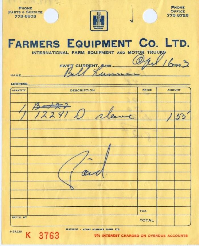 Farmers Equipment Company Limited Receipt (1963-04-16)