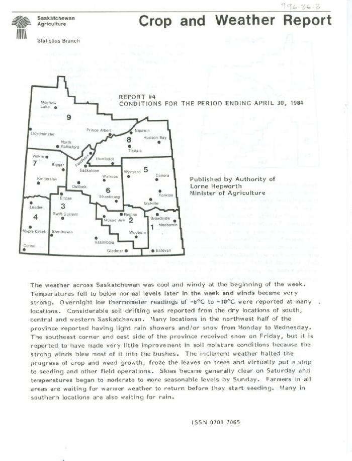 Crop and Weather Report, Saskatchewan Agriculture (1984-04-30)