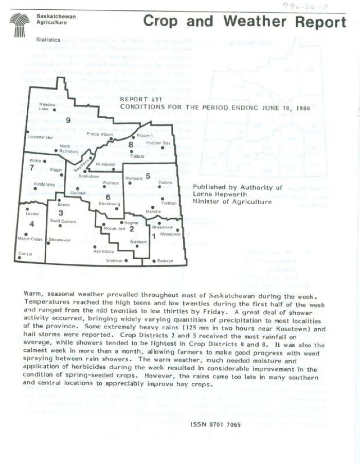 Crop and Weather Report, Saskatchewan Agriculture (1984-06-18)