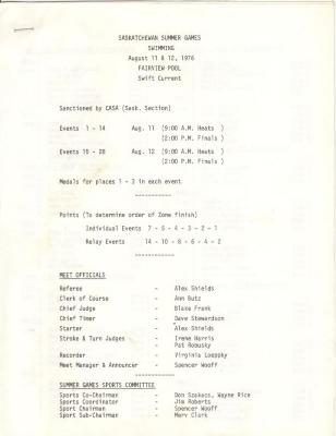 Saskatchewan Summer Games Swimming Schedule (1976)