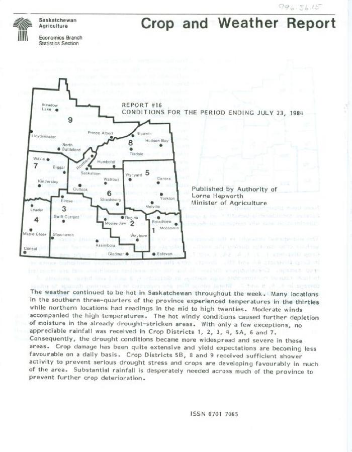 Crop and Weather Report, Saskatchewan Agriculture (1984-07-23)