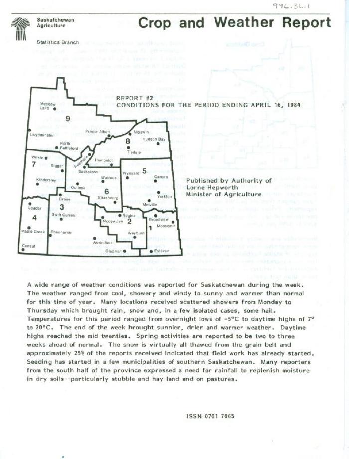 Crop and Weather Report, Saskatchewan Agriculture (1984-04-16)