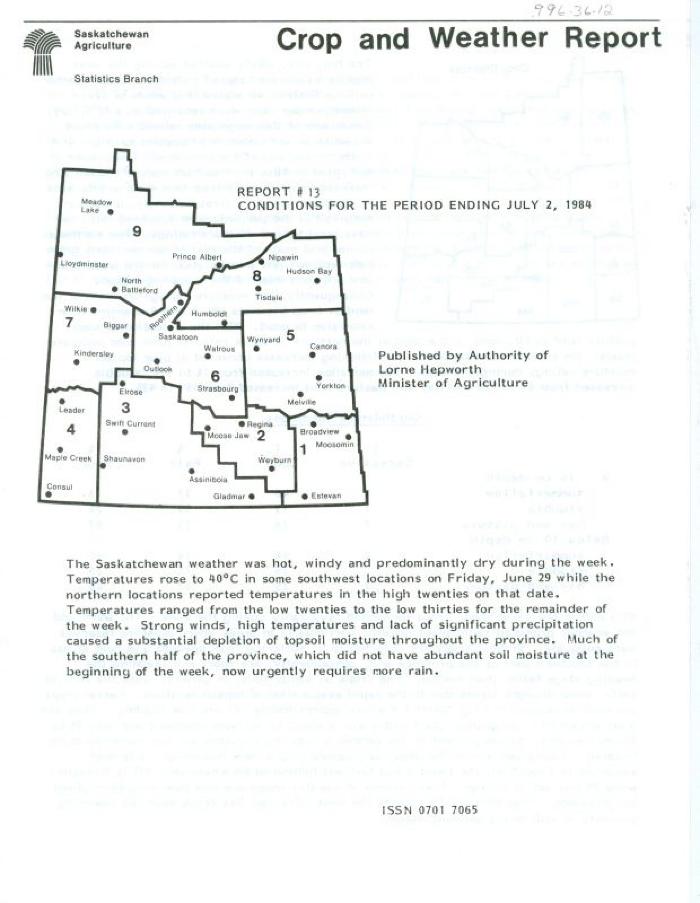 Crop and Weather Report, Saskatchewan Agriculture (1984-07-02)