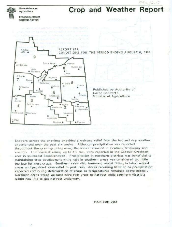 Crop and Weather Report, Saskatchewan Agriculture (1984-08-06)