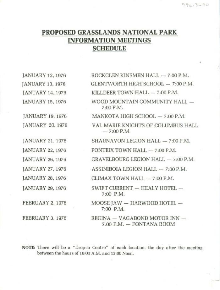 Proposed Grasslands National Park Information Meetings Schedule