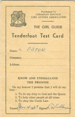 Girl Guide Tenderfoot Test Card (c.1957)