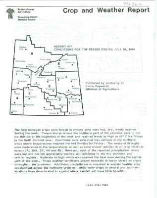 Crop and Weather Report, Saskatchewan Agriculture (1984-07-30)