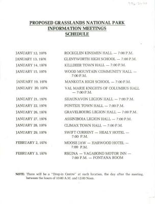 Proposed Grasslands National Park Information Meetings Schedule