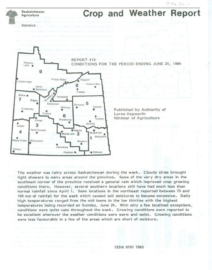 Crop and Weather Report, Saskatchewan Agriculture (1984-06-25)