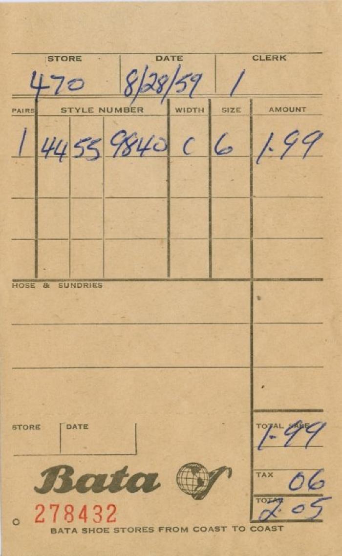 Bata Shoe Stores Receipt (1959-08-28)