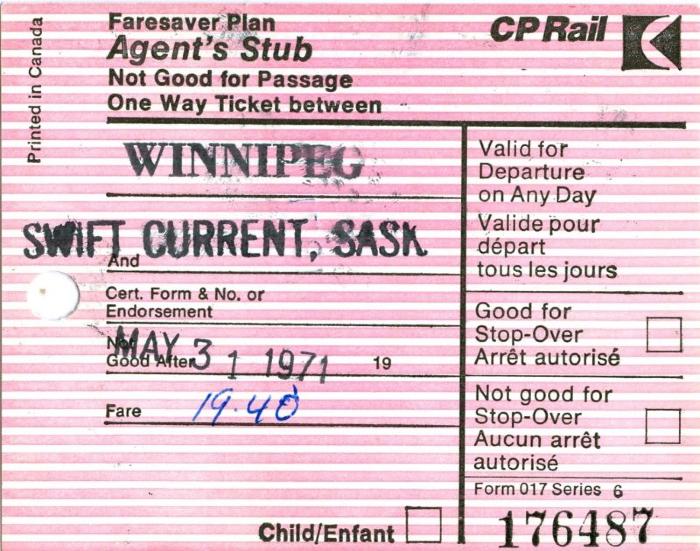 Canadian Pacific Railway Ticket Faresaver Plan Agent's Stub