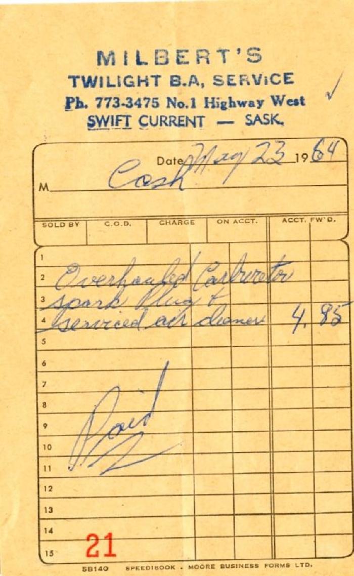 Milbert's Twilight B A Service Receipt (1964-05-23)