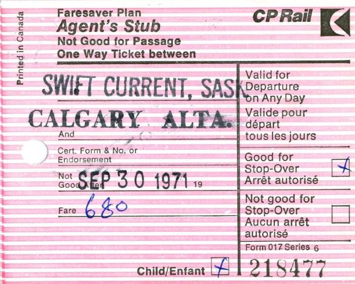 Canadian Pacific Railway Ticket Faresaver Plan Agent's Stub