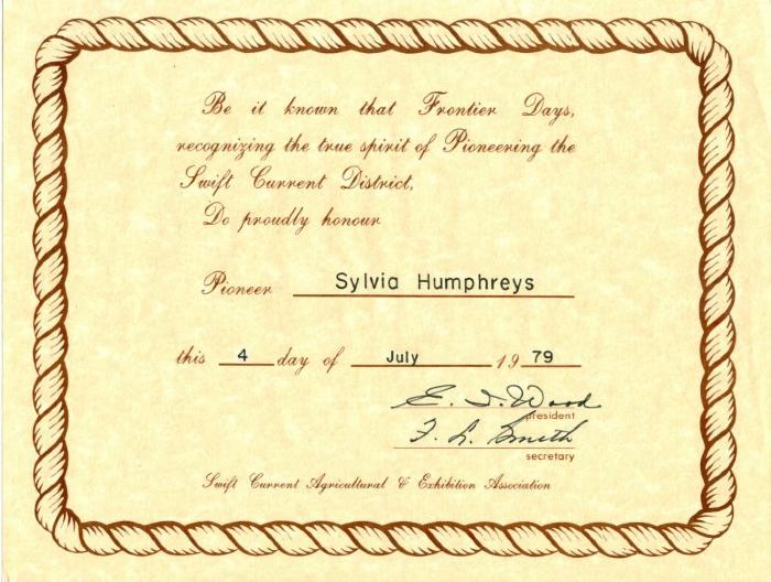 Pioneer Certificate Pioneer Certificate For Sylvia Humphreys (1979)