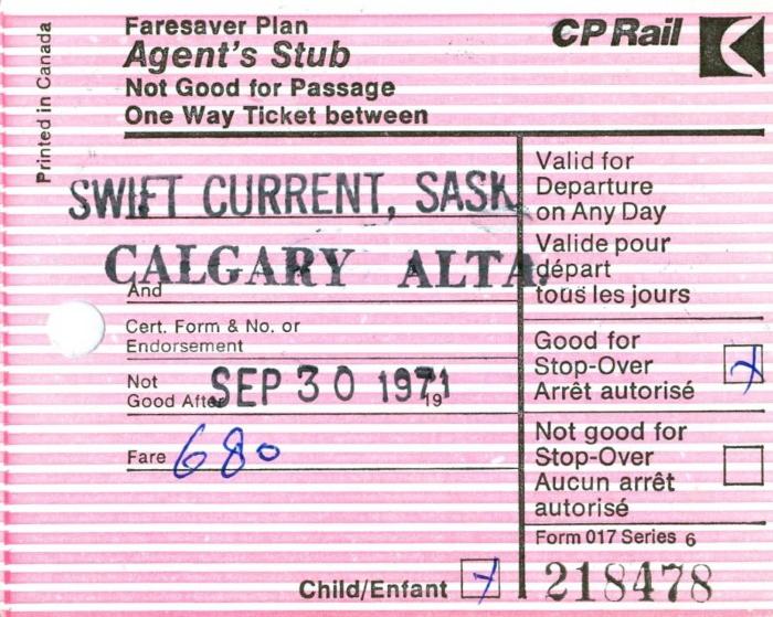 Canadian Pacific Railway Ticket Faresaver Plan Agent's Stub