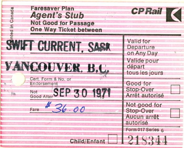 Canadian Pacific Railway Ticket Faresaver Plan Agent's Stub