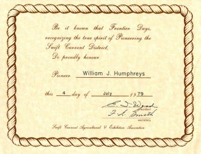 Pioneer Certificate Pioneer Certificate For William J. Humphreys (1979)