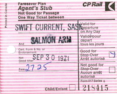 Canadian Pacific Railway Ticket Faresaver Plan Agent's Stub