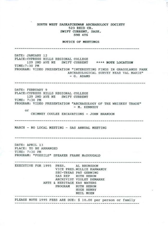 South West Saskatchewan Archaeological Society Notice of Meetings (1995)