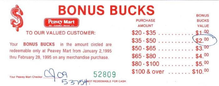 Peavey Mart Bonus Bucks Coupon (1995-01-02)