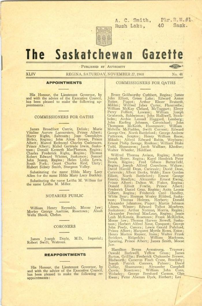 Saskatchewan Gazette, No. 48 (1948-11-27)