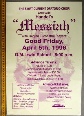 Handel's Messiah Oratorio Choir With Regina Orchestral Players Poster (1996-04-05)