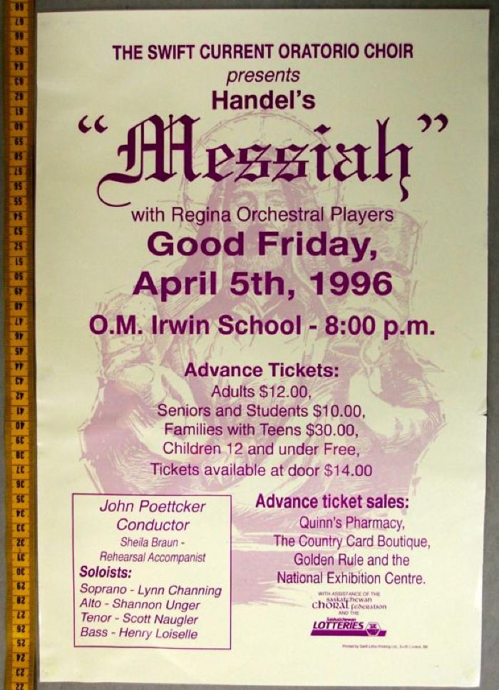 Handel's Messiah Oratorio Choir With Regina Orchestral Players Poster (1996-04-05)