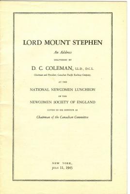 Biography and Canadian Pacific Railway Information Lord Mount Stephen Booklet (1945-07-11)