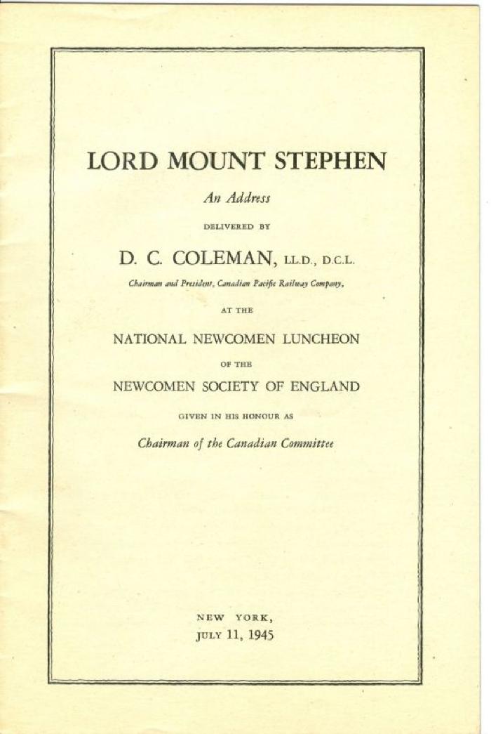 Biography and Canadian Pacific Railway Information Lord Mount Stephen Booklet (1945-07-11)