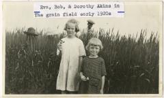 Photograph, Eva and Dorothy Akins, and their father Robert 'Bob' in a grain field