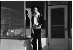 Photographic negative, Len Hymie Hanft in front of Beaver Lumber in Climax, October 1942